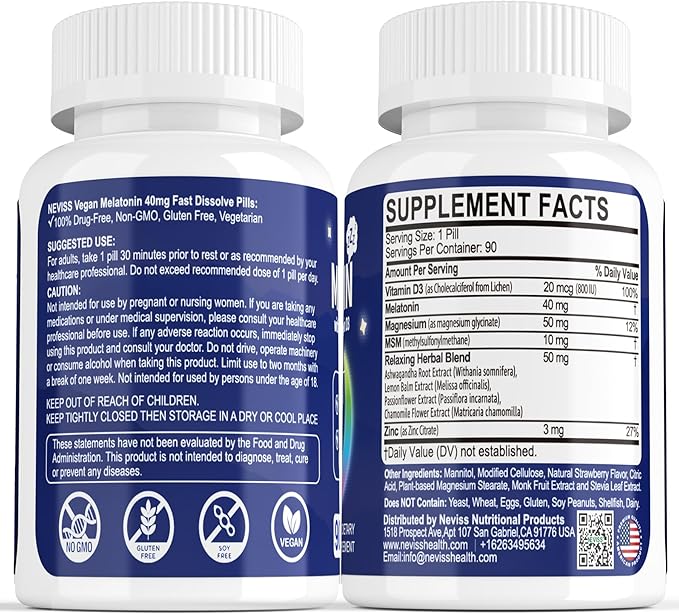 Melatonin 40 mg for Adults - Fast Dissolve &amp Chewable Sublingual Sleep Supplement - Extra Strength Melatonin with Vitamin D3 &amp MSM Selenium for Health Rest Cycle Deep Zzzs Sugar-Free 180 S