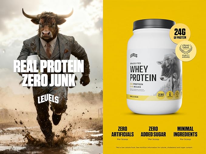Levels Grass Fed Whey Protein Powder No Artificials 24G of Protein Vanilla Bean 2LB