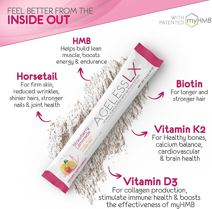 AgelessLX Powder Supplement for Women - with HMB Collagen Enhancer Plus Vitamin D3 with K2 Horsetail and Biotin for Lean Muscle and Stronger Hair and Nails - 30 Powder Packets Strawberry Lemonade