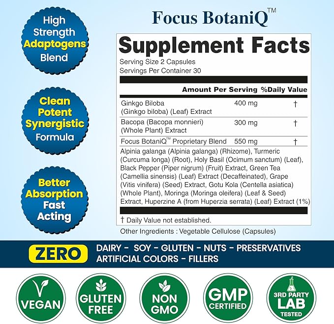Organic Veda Ginkgo Biloba Turmeric Bacopa Capsules - FocusBotaniQ Memory &amp Brain Supplement - 10 in 1 Cognitive Superfoods Brain Booster Concentration Energy &amp Focus Support - 60 Vegan Cap