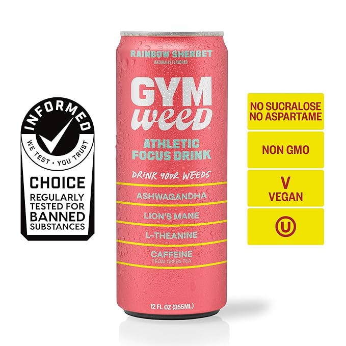 GYM WEED Athletic Focus Drink with KSM-66 Ashwagandha Lion's Mane Mushroom L-Theanine 200mg Green Tea Caffeine with Natural Sweeteners Rainbow Sherbet Flavor 12 Pack