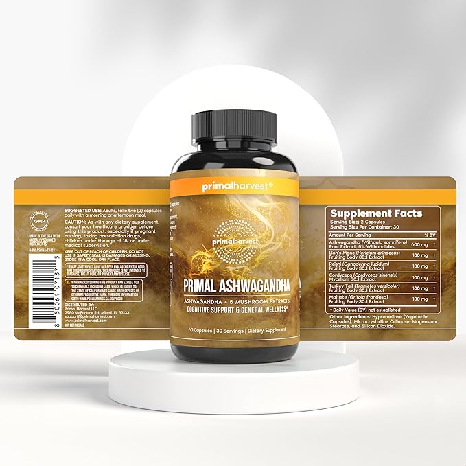 Primal Harvest Ashwagandha Supplement with 5 Mushroom Extracts: Lion’s Mane Reishi Cordyceps Turkey Tail &amp Maitake for Immune Support &amp Cognitive Health