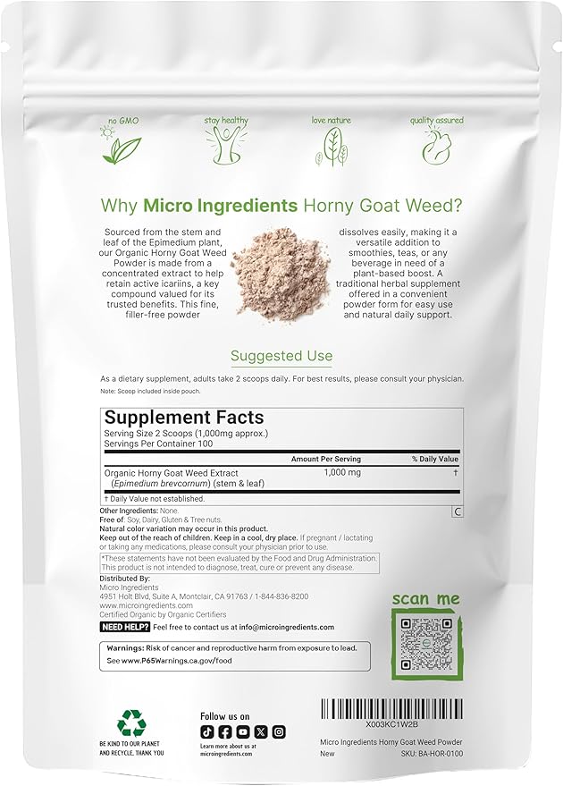 Maximum Strength Organic Pure Horny Goat Weed with Active Icariins for Men and Women 100 Grams Organic Epimedium Powder for Energy and Immune System Booster Filler Free and Vegan Friendly
