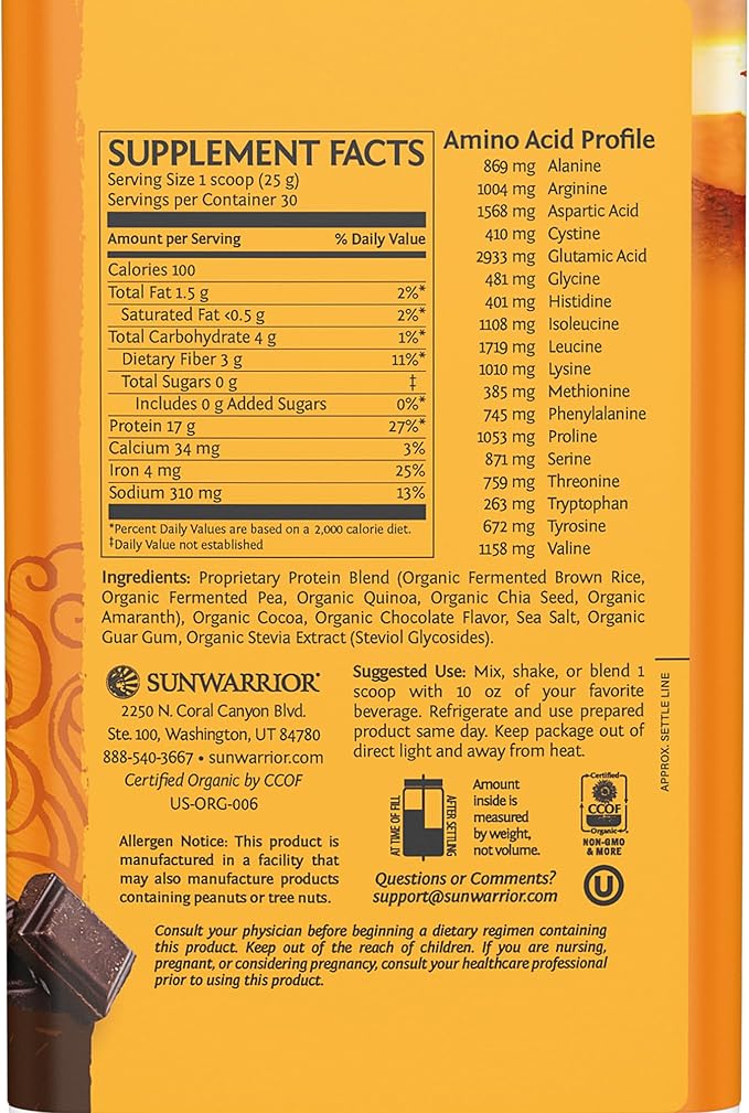 Sunwarrior Plant-Based Collagen Building Powder | 40 Servings Chocolate Flavored &amp Vegan Protein Powder | USDA Organic 30 Servings Chocolate Flavored