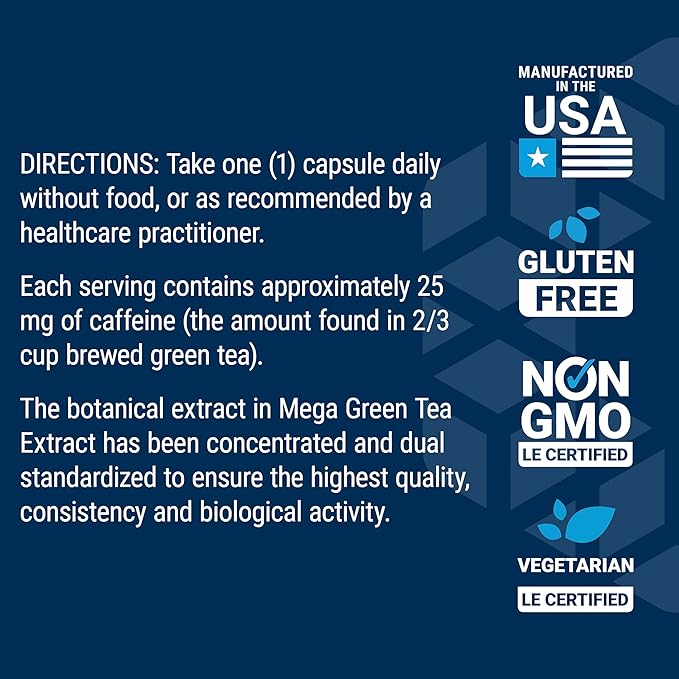 Life Extension Lightly Caffeinated Mega Green Tea Extract Camellia sinensis Extract with Concentrated EGCG polyphenol Content Gluten-Free Non-GMO Vegetarian 100 Capsules