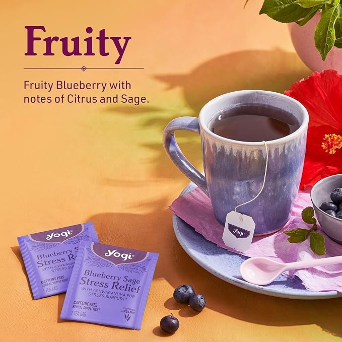 Yogi Tea Blueberry Sage Stress Relief - 16 Tea Bags per Pack (6 Packs) - Relaxing Calming Tea to Support Stress Response - Includes Ashwagandha Blueberry Sage Hibiscus &amp More