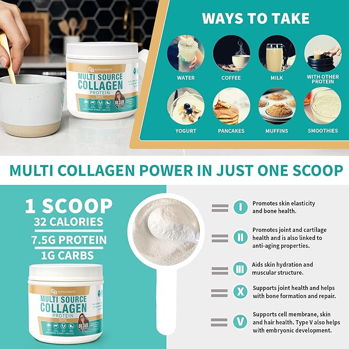 CB Supplements Multi Collagen Protein – Hydrolyzed Collagen for Joint Skin Gut Hair &amp Nail Health – Vanilla Flavored Powder with Types I II III V &amp X – Grass-Fed &amp Clean – 58 Serving