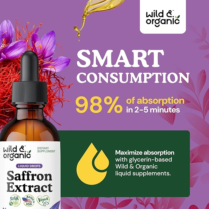 Wild &amp Organic Saffron Supplements 88.5 mg - Saffron Drops for Mood Brain Vision Support - Crocus Sativus Liquid Extract - Vegan Sugar &amp Alcohol-Free Tincture - 2 fl oz