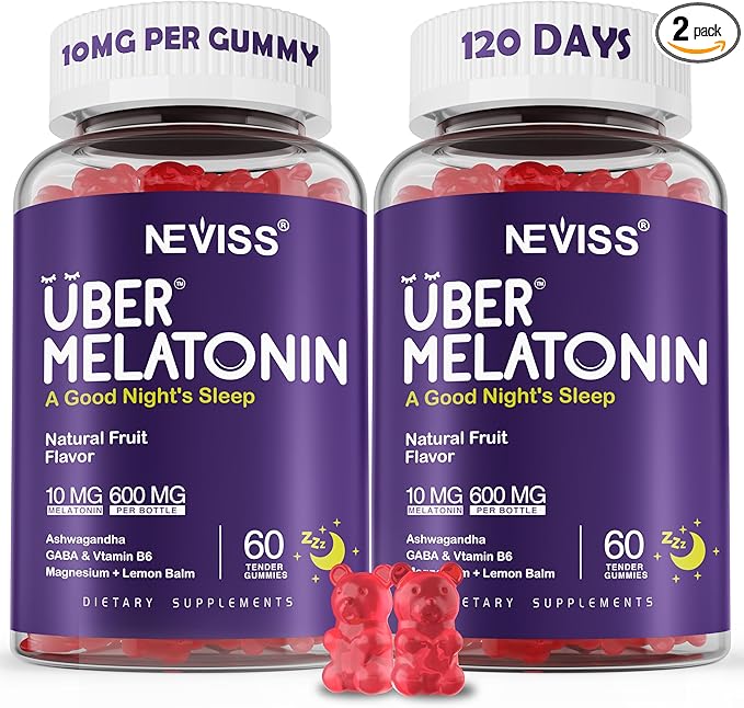 Melatonin Gummies 10mg 20mg for Adults Melatonin 10 mg per Gummy with Ashwagandha Magnesium Glycinate GABA L-theanine Valerian Root &amp Lemon Balm Rest Support Supplement Grape Flavor 2-Pack