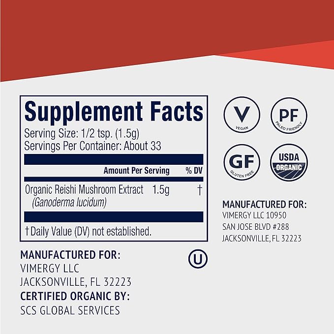 Vimergy Reishi Powder – Superfood Cellular Support* – Benefits Immune Health* – USDA Certified Organic Vegan Paleo-Friendly Gluten-Free – 33 Servings