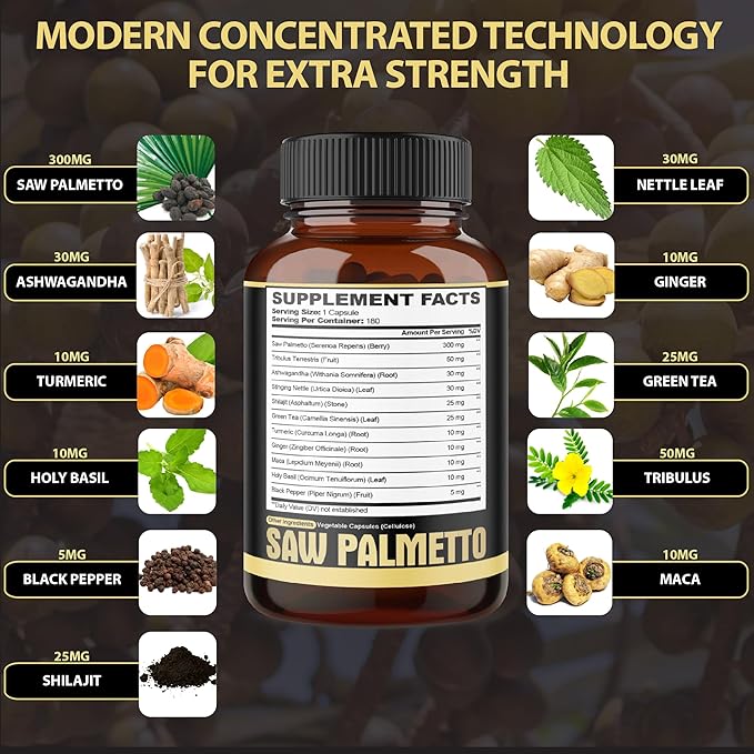 11in1 Saw Palmetto Capsules with Ashwagandha Turmeric Tribulus Maca Green Tea Ginger Holy Basil &amp More - Healthy Prostate &amp Hair Support - 180 Count 6-Month Supply