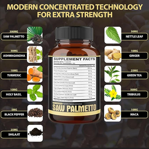 11in1 Saw Palmetto Capsules with Ashwagandha Turmeric Tribulus Maca Green Tea Ginger Holy Basil &amp More - Healthy Prostate &amp Hair Support - 180 Count 6-Month Supply