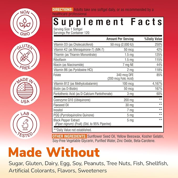 CoQ10 200mg Ubiquinone with PQQ Folate Niacin K2 D3 Black Pepper Powerful Antioxidant Energy Booster 120 Softgels and Bovine Collagen Peptides Powder for Women and Men 8oz