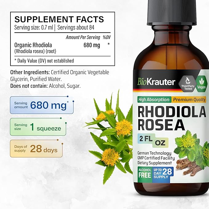 BIO KRAUTER® Rhodiola Rosea for Calm &amp Sleep Support - Vegan Rhodiola Rosea Supplement for Mood Support - Natural Calm Drops for Relaxation 2 Fl.Oz 28-Day Supply Alcohol &amp Sugar Free