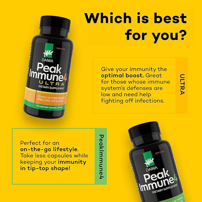 Daiwa PeakImmune4 Natural Immune Support Supplement | Enhances NK Cell Function with RBAC Rice Branand Mycelia Extract from Shiitake Mushrooms | Ultra Strength