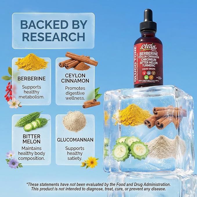 Clean Nutra Berberine with Ceylon Cinnamon Supplement Liquid Drops + Bitter Melon Extract Glucomannan Gymnema Chromium Turmeric Organic Panax Ginseng Moringa GLP-1 Support