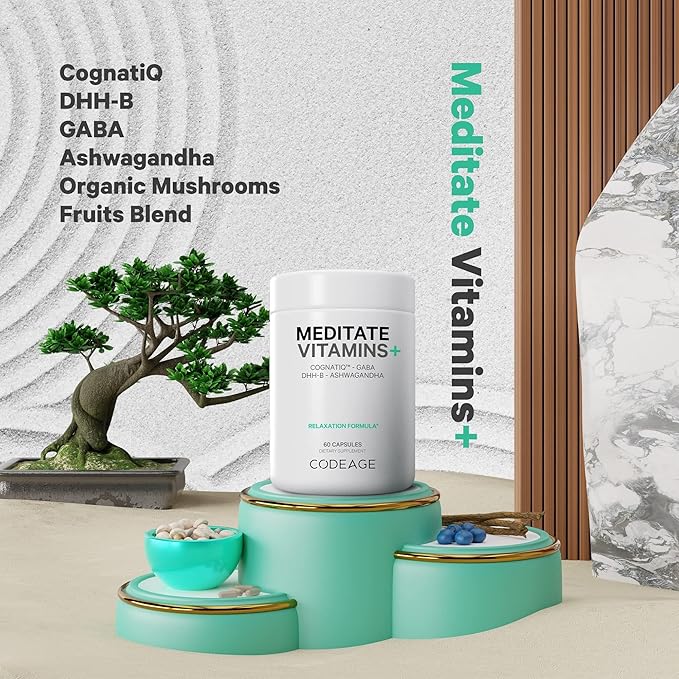 Codeage Meditate Vitamins+ Supplement - CognatiQ DHH-B GABA Ashwagandha Organic Mushrooms Blueberries - BDNF Brain Pills and Neuroprotein - Vegan Non-GMO Gluten-Free - 60 Capsules