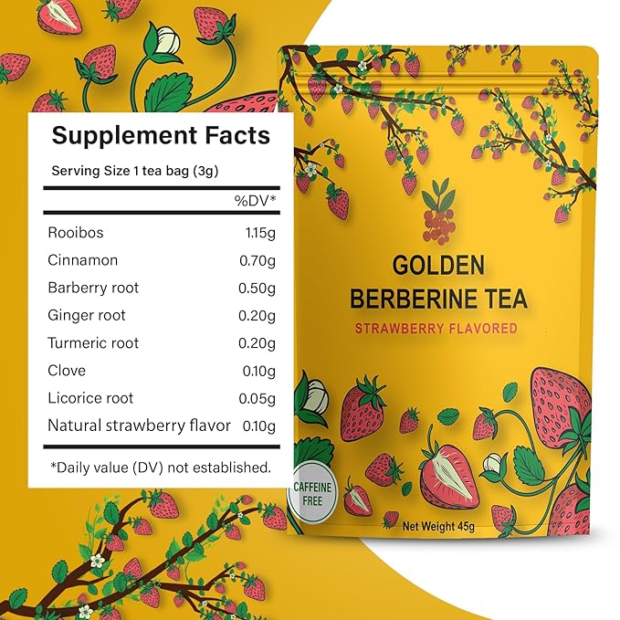 Berberine Tea 45g Natural Organic Caffeine-Free Blend Non-GMO Herbal in Plastic-Free Stand Alone Pouch Delicious Antioxidant for Immune Support (Strawberry)