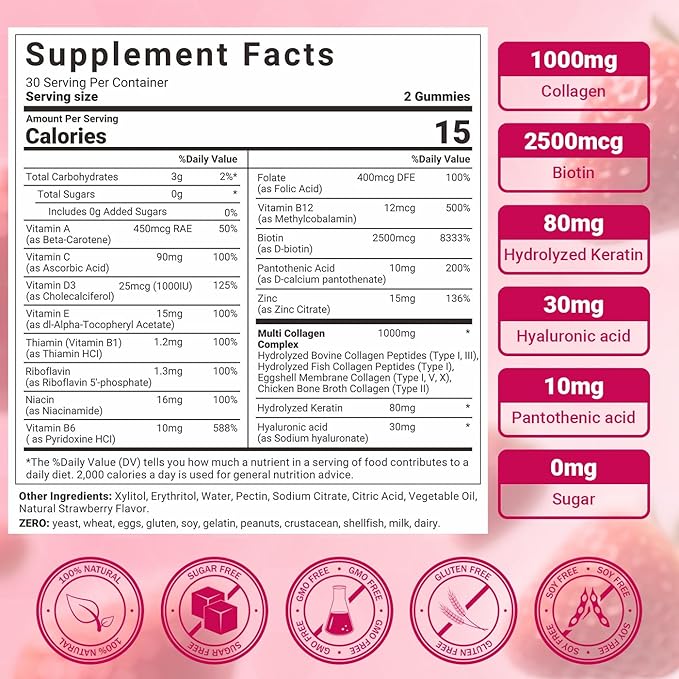 Collagen Gummies for Women Sugar-Free Hydrolyzed Collagen Gummy with Type I II III V X Collagen Peptides Biotin Hyaluronic Acid &amp MultiVitamins Promote Skin/Hair/Nail/Bones 120 Cts