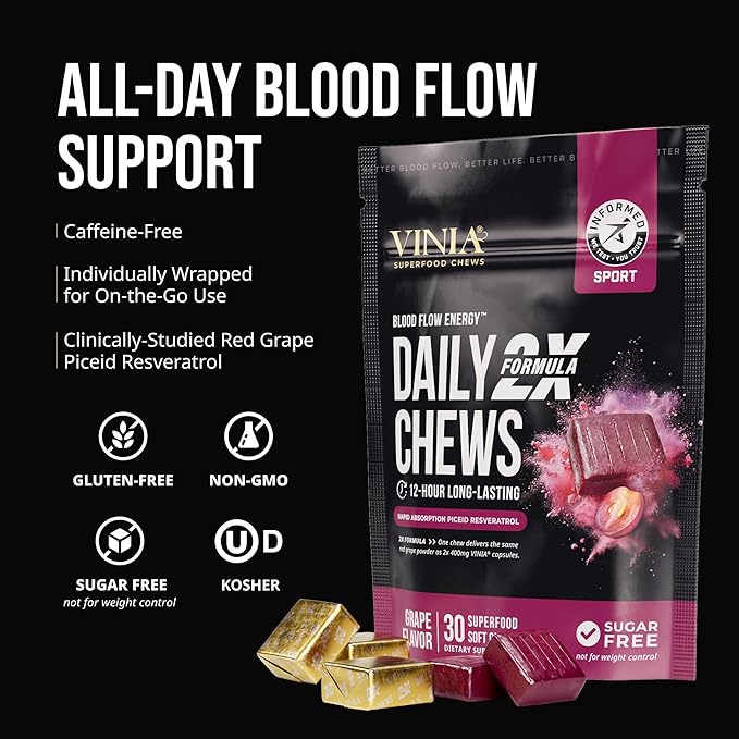 VINIA Resveratrol Heart Chews. Nitric Oxide Blood Flow &amp Circulation Support | Heart Health Energy Supplement | Non-GMO Sugar Free &amp Gluten Free Grape Flavor 30 Count