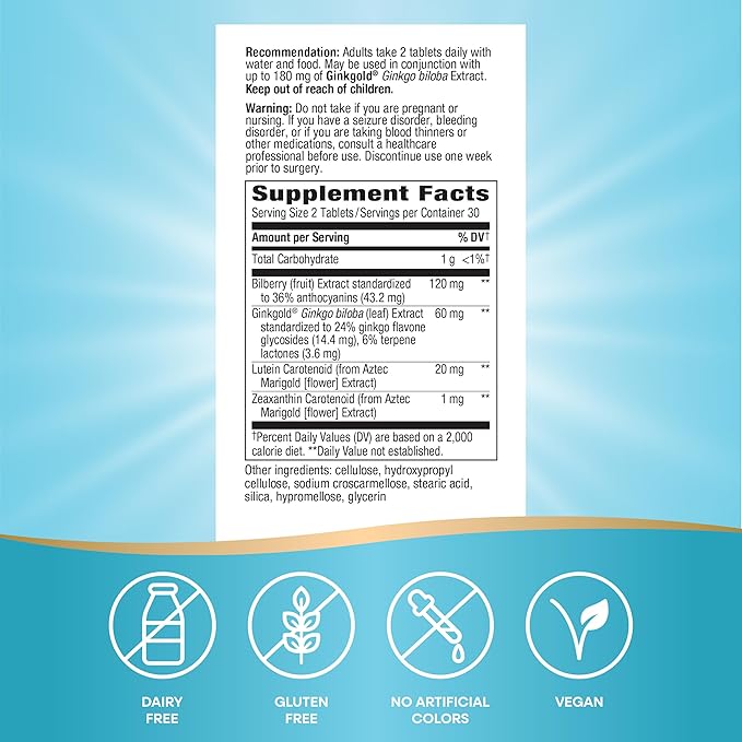 Nature's Way Ginkgold Eyes Gingko Biloba Supplements for Adults Supports Eye Health* Gluten Free 60mg Ginkgo Biloba Extract Per 2-Tablet Serving 60 Tablets (Packaging May Vary)