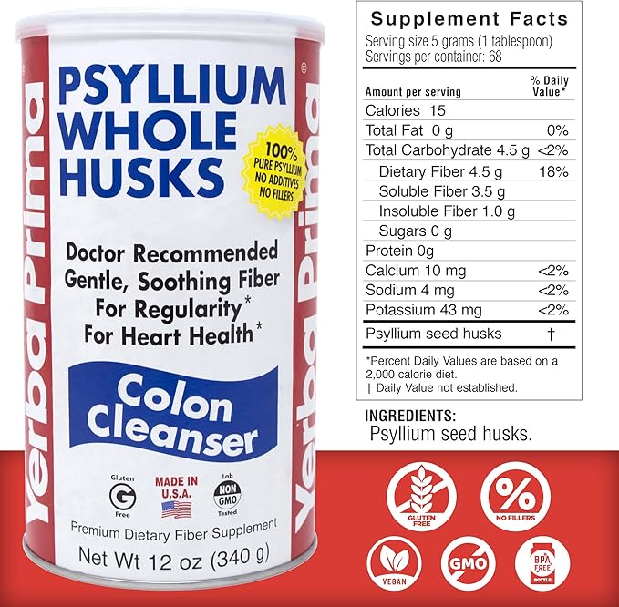 Yerba Prima Psyllium Husk 12 Ounce (Pack of 2) - Colon Cleanser Fiber Supplement - Natural Support for Gut Health - Non GMO Gluten Free Vegan