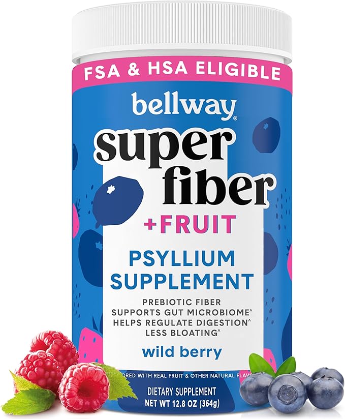 Bellway Super Fiber Powder + Fruit Sugar Free Organic Psyllium Husk Powder Fiber Supplement for Regularity Bloating Relief &amp Digestive Health Plant-Based Wild Berry (50 Servings)