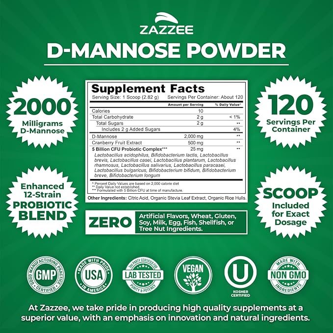 Zazzee D-Mannose Powder Plus 2000 mg 120 Servings Plus 5 Billion CFU Probiotics and Pure Cranberry Juice Extract Certified Kosher Free Scoop 11.94 oz Urinary Tract Support Non-GMO