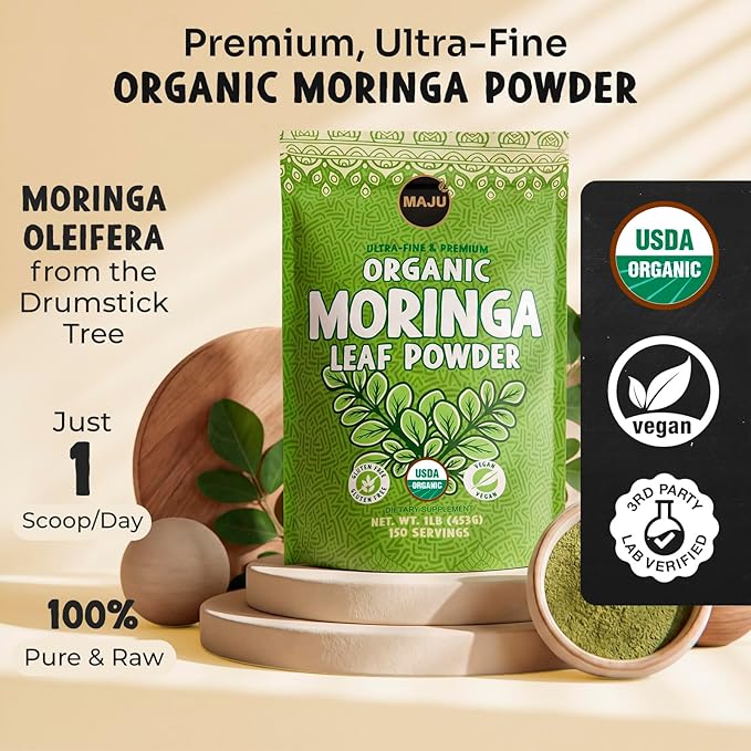MAJU's Organic Moringa Powder (1 Pound) Oleifera Leaf Extra-Fine Quality Dried Drumstick Tree Leaves For Tea Smoothies Food-Grade