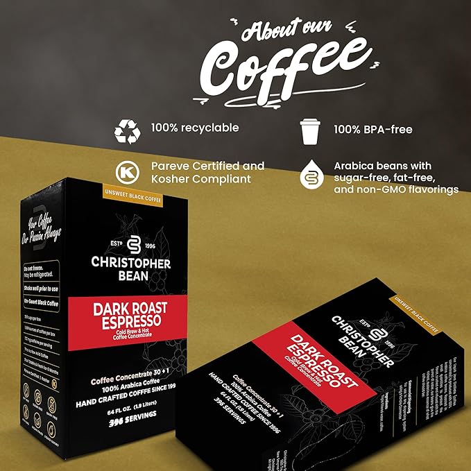 Christopher Bean Coffee - 396 servings 30 to 1 Blend Bag in Box Liquid Instant Coffee or Cold Brew Coffee Concentrate - Hot or Iced Coffee - Espresso Dark Roast
