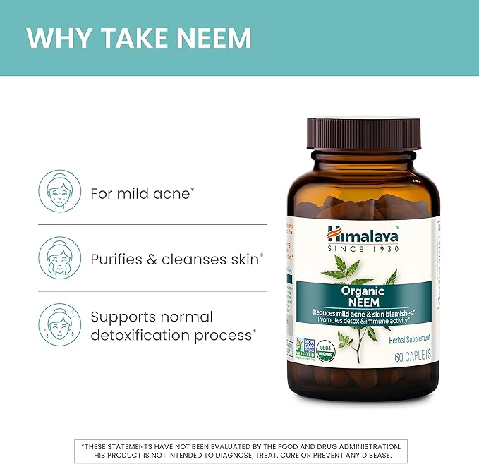 Himalaya Organic Neem 60 Day Supply - Herbal Acne Supplements Supporting Clear Skin and Detox - USDA Organic Vegan Non-GMO Gluten Free 600 mg 60 Caplets