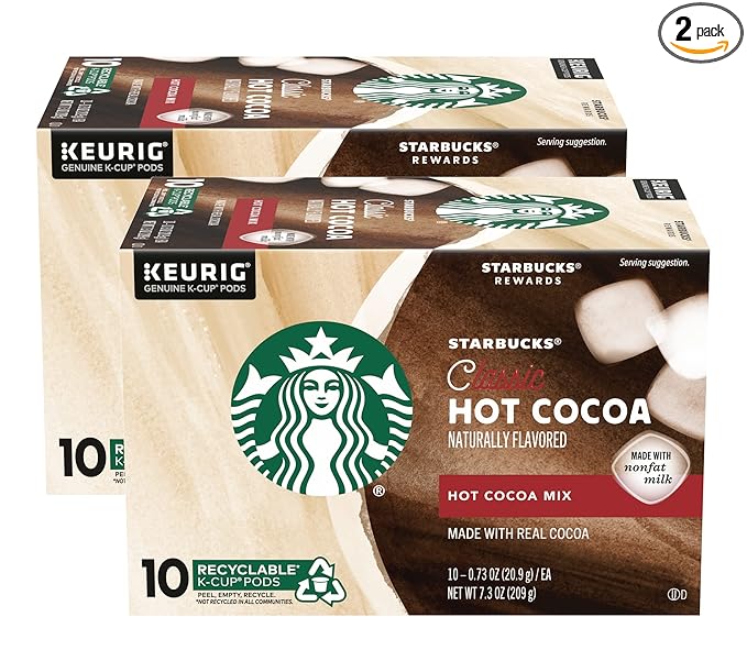 Starbucks Classic Hot Cocoa K-Cup Pods Made with Real Cocoa &amp Nonfat Milk K-Cup Pods for Keurig Brewing System 10 CT K-Cups Per Box (10 Count (Pack of 2))