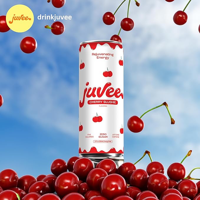 Juvee Rejuvenating Energy Drink – Sugar Free Cherry Slushie Flavor 12 oz Cans (12-Pack) – 128mg Natural Caffeine Zero Sugar Low Calorie Clean Energy &amp Focus Booster for Daily Use