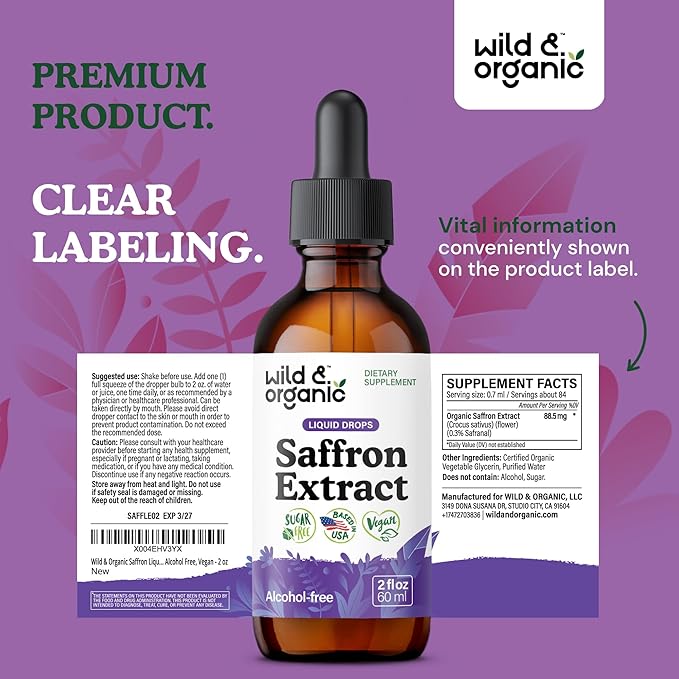Wild &amp Organic Saffron Supplements 88.5 mg - Saffron Drops for Mood Brain Vision Support - Crocus Sativus Liquid Extract - Vegan Sugar &amp Alcohol-Free Tincture - 2 fl oz