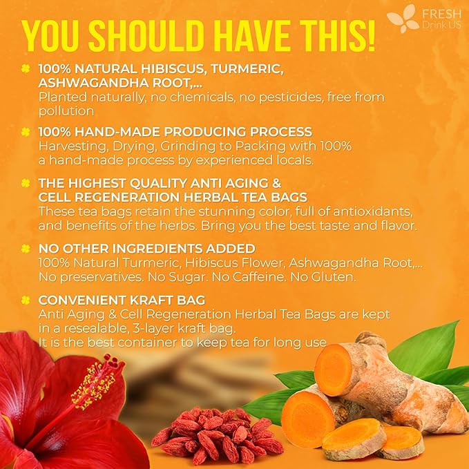 FreshDrinkUS Premium Harmony Herbal Tea | 60 Tea bags | 100% Natural Turmeric Hibiscus Ashwagandha Goji Berry Reishi Cinnamon &amp Orange Peel – Naturally Aromatic Caffeine-Free Tea