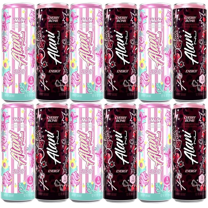 Alani Cherry Bomb &amp Cotton Candy Energy Drink Sugar Free Low Calorie Energy Drinks 12 fl oz Cans (Pack of 12)
