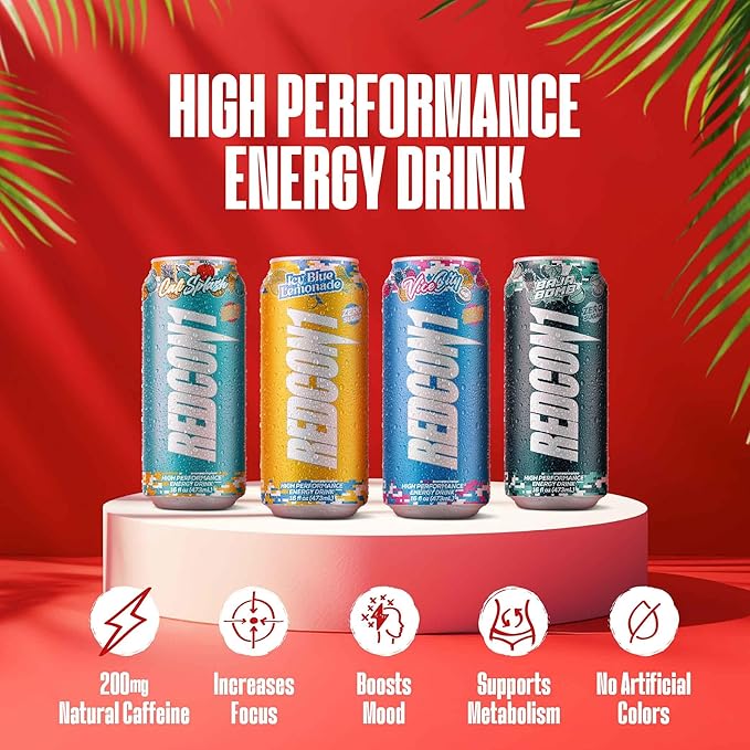 REDCON1 Energy High Performance Drink Vice City - Zero Sugar Energy Drink with Alpha GPC Nootropic - 200mg of Natural Caffeine from Green Coffee Beans - Vitamin B6 B12 &amp B5 to Boost Mood (12 ct)