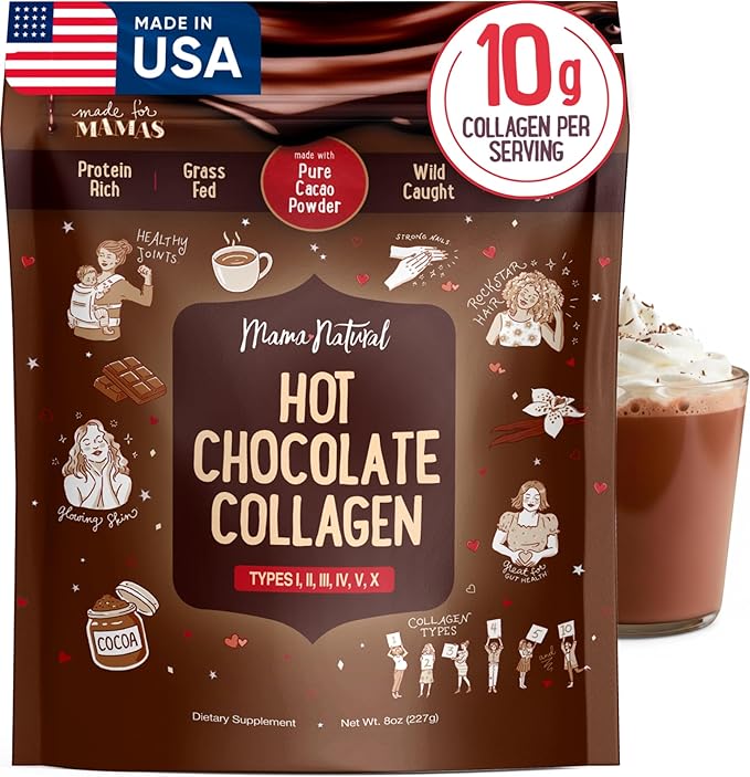 Mama Natural Hot Chocolate Multi Collagen Protein Powder Made with Organic Cacao Types 1 2 3 4 5 10 Collagen Peptides Powder - Grass Fed Beef Wild Fish Marine &amp USA Eggshell - 16 Servings