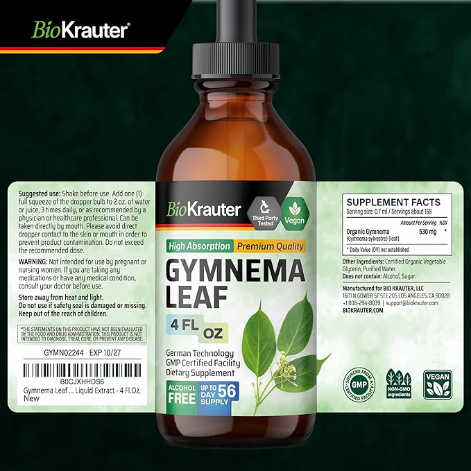 BIO KRAUTER® Gymnema Sylvestre - Liquid Drops Gymnema Sylvestre Extract 530 mg per Serving 4 Fl.Oz 56-Day Supply - Pure &amp Vegan Gurmar for Overall Support &amp Daily Wellness - Alcohol &amp Suga