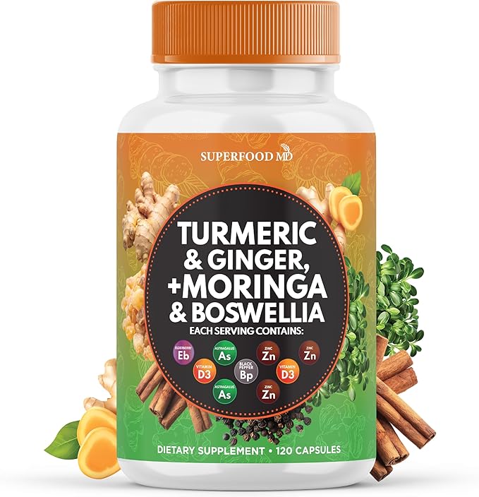 Turmeric Moringa Supplement | Ginger Boswellia Saffron Holy Basil- Joint Support Supplement for Women and Men with Ceylon Cinnamon Quercetin Tart Cherry- 120 Count