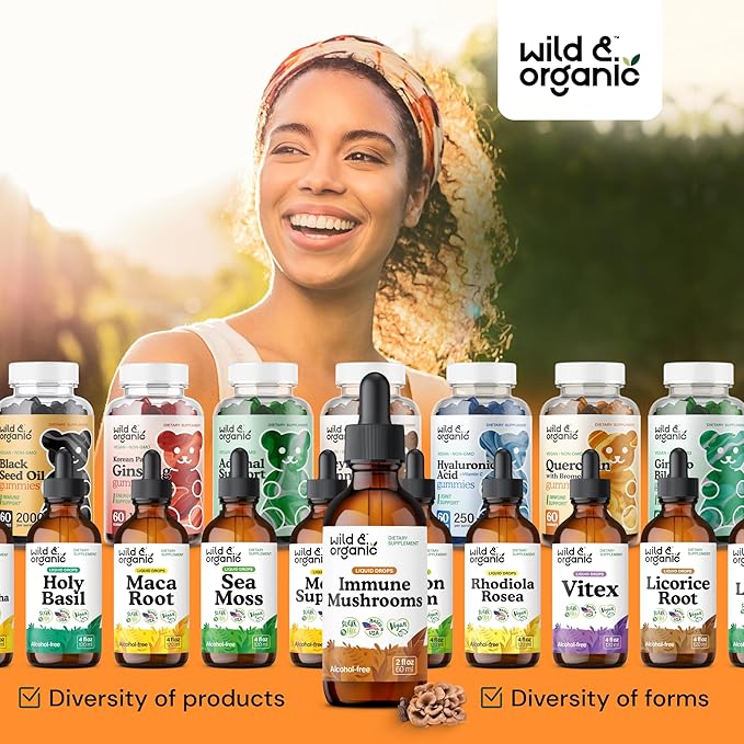 Wild &amp Organic Immune Mushrooms Tincture - 8-in-1 Mushroom Complex with Chaga Turkey Tail Lion's Mane Reishi Extract - Immune Support Drops - Vegan Sugar &amp Alcohol-Free Liquid Supplement -