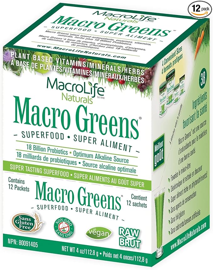 MacroLife Macro Greens Powder 38 Superfood Probiotics Antioxidants Digestive Enzymes &amp Adaptogen Supplement - Daily Super Green Juice &amp Smoothie Mix Packets - Non-GMO Vegan Gluten-Free - 12 Se