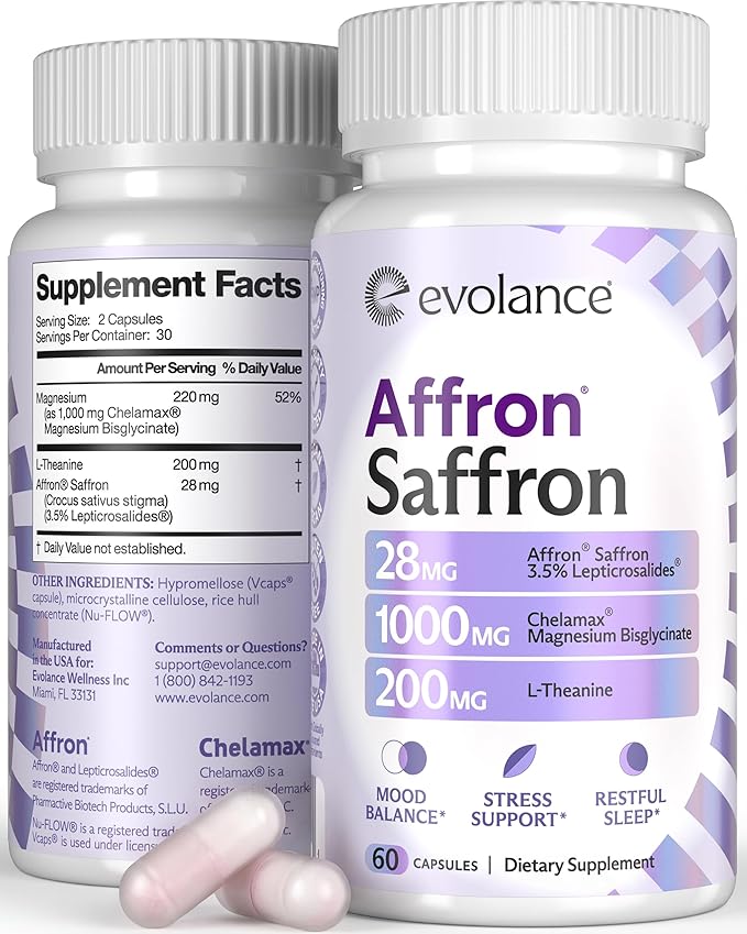 Saffron Supplements Extract for Stress &amp Mood Support – Affron 28mg Magnesium Glycinate 1000mg L-Theanine 200mg – High Absorption Sleep &amp Focus Support Melatonin-Free 60 Veggie Capsules
