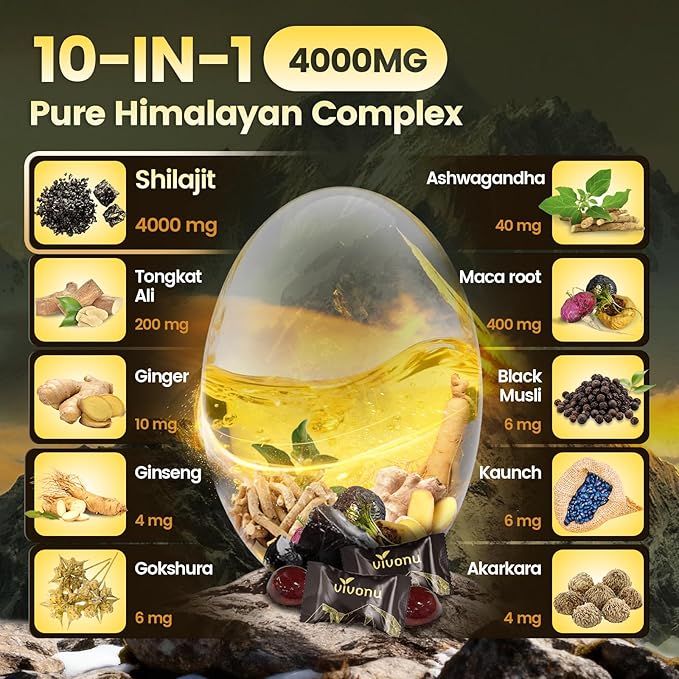VivoNu Pure Himalayan* Shilajit* Gummies micronutrient Supplement Himalayan Premium Ingredient with Shilajit Ashwagandha Gokshura Fulvic Acid &amp 85+ Trace Minerals I for Men Women (4000MG/1 B