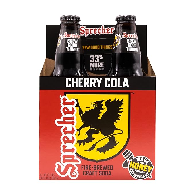 Sprecher Cherry Cola in 16 fl oz Glass Bottles (24 Pack) Fire Brewed Craft Cherry Cola Soda with Real Honey Naturally Flavored Gourmet Soft Drink