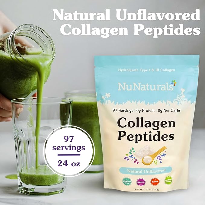 Nunaturals Collagen Peptides Powder (Type I III) for Skin Hair and Nail 24oz