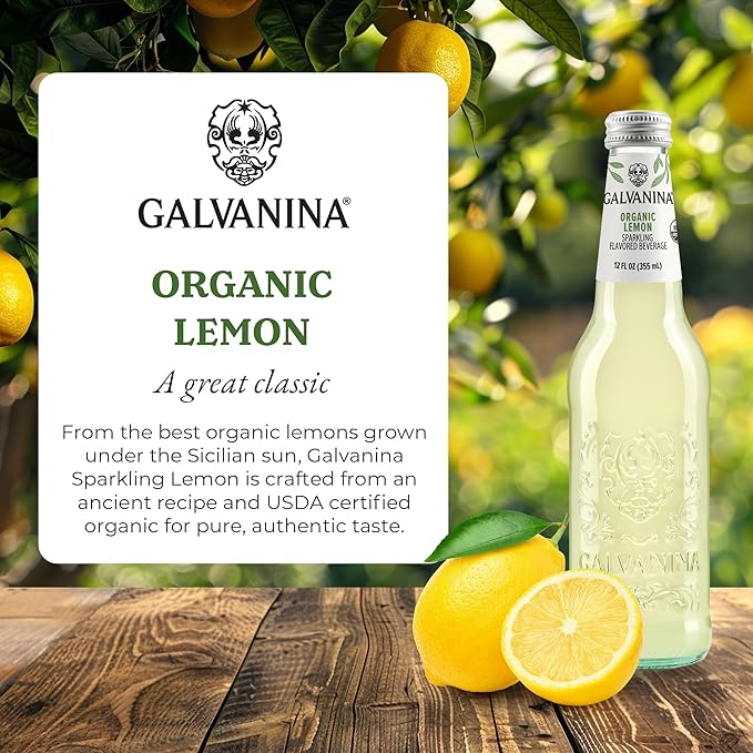Galvanina Lemon – Premium Organic Italian Sparkling Soda 12 fl oz (12 Glass Bottles) | Crafted with Sicilian Lemons for a Zesty Refreshing Drink.