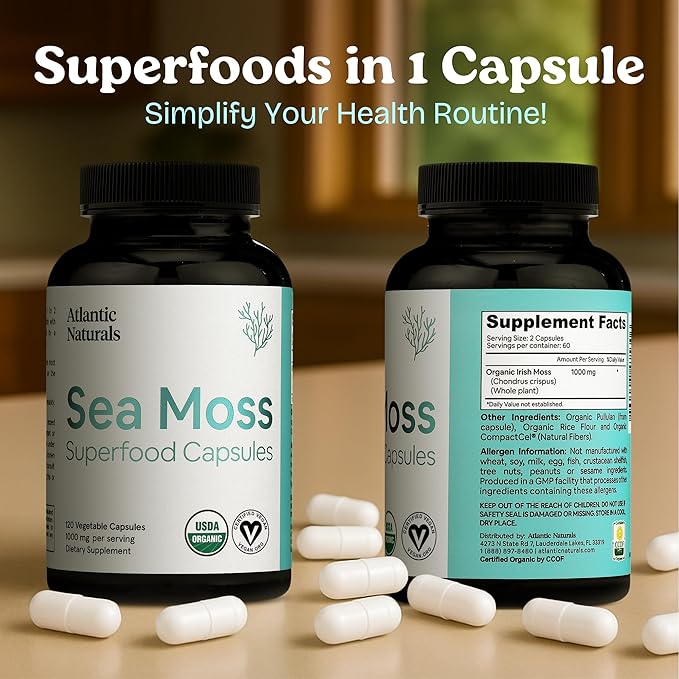 Atlantic Naturals Superfood Organic Irish Sea Moss Capsules - 120 Veggie Capsules | Wildcrafted Organic Sea Moss Supplement for Men &amp Women | Better Than Sea Moss Gel | Support Immunity &amp Skin
