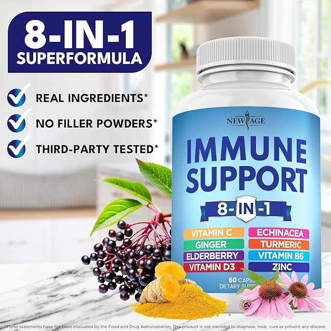 NEW AGE 8 in 1 Immune Support Booster Supplement with Echinacea Vitamin C and Zinc 50mg Vitamin D 5000 IU Turmeric Curcumin &amp Ginger B6 Elderberry 120 Count (Pack of 2)