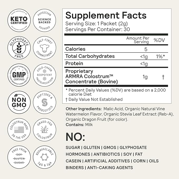 ARMRA Colostrum Powder | Vine Watermelon | Gut Health &amp Bloating | Skin &amp Hair | Immunity | Keto Gluten &amp Fat-Free | 30 Servings
